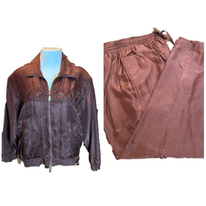 COACO Vintage 80’s 100% Silk Brown 2-PIECE Bomber Jacket Track Suit Size M/L